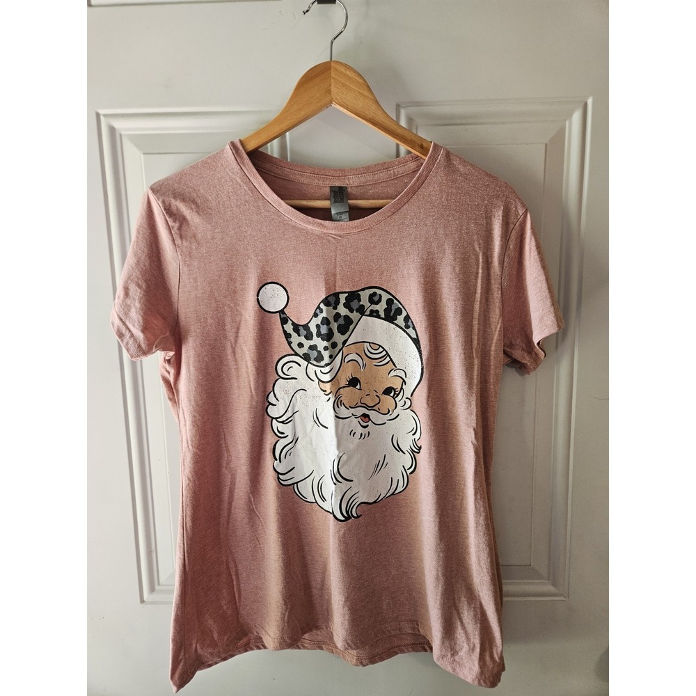 Pink Leopard Santa Christmas Graphic Tee Womens Medium Holiday Shirt